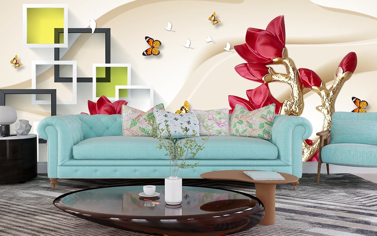 Flowers and Butterflies Pattern Elegant Wall Mural Wallpaper shown in a room