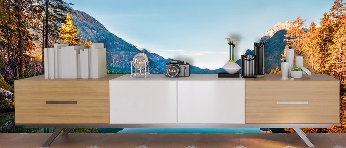 Beautiful Lake Scenery Wallpaper shown in a room