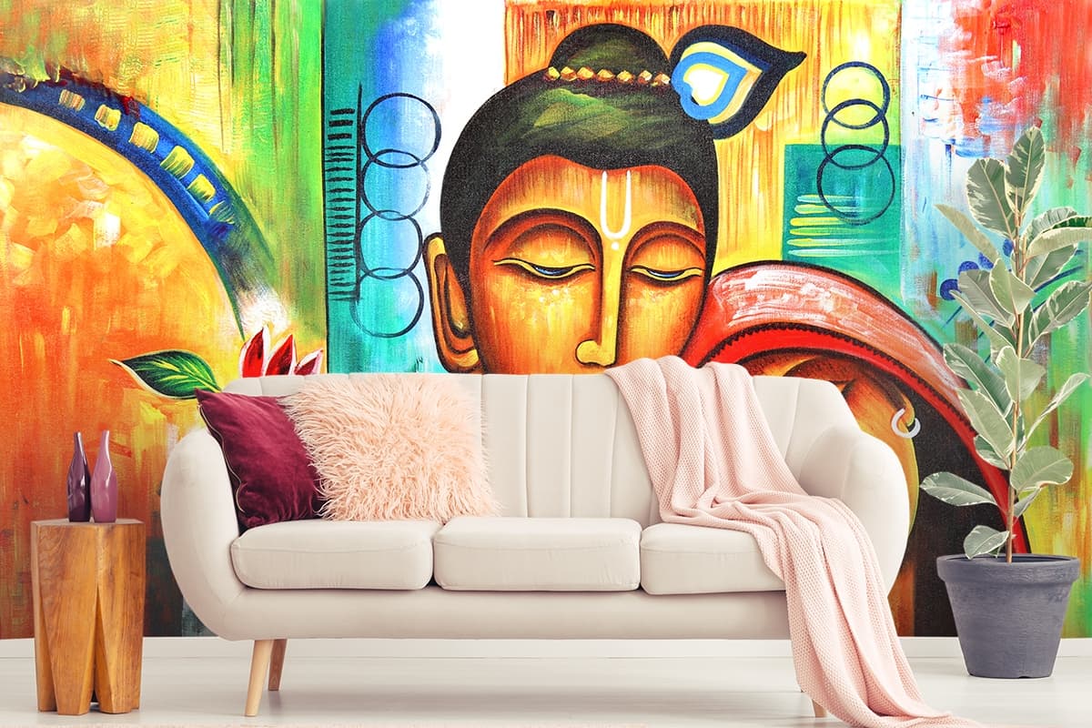 Radha Krishna Living Room Wall Painting Masterpiece shown in a room