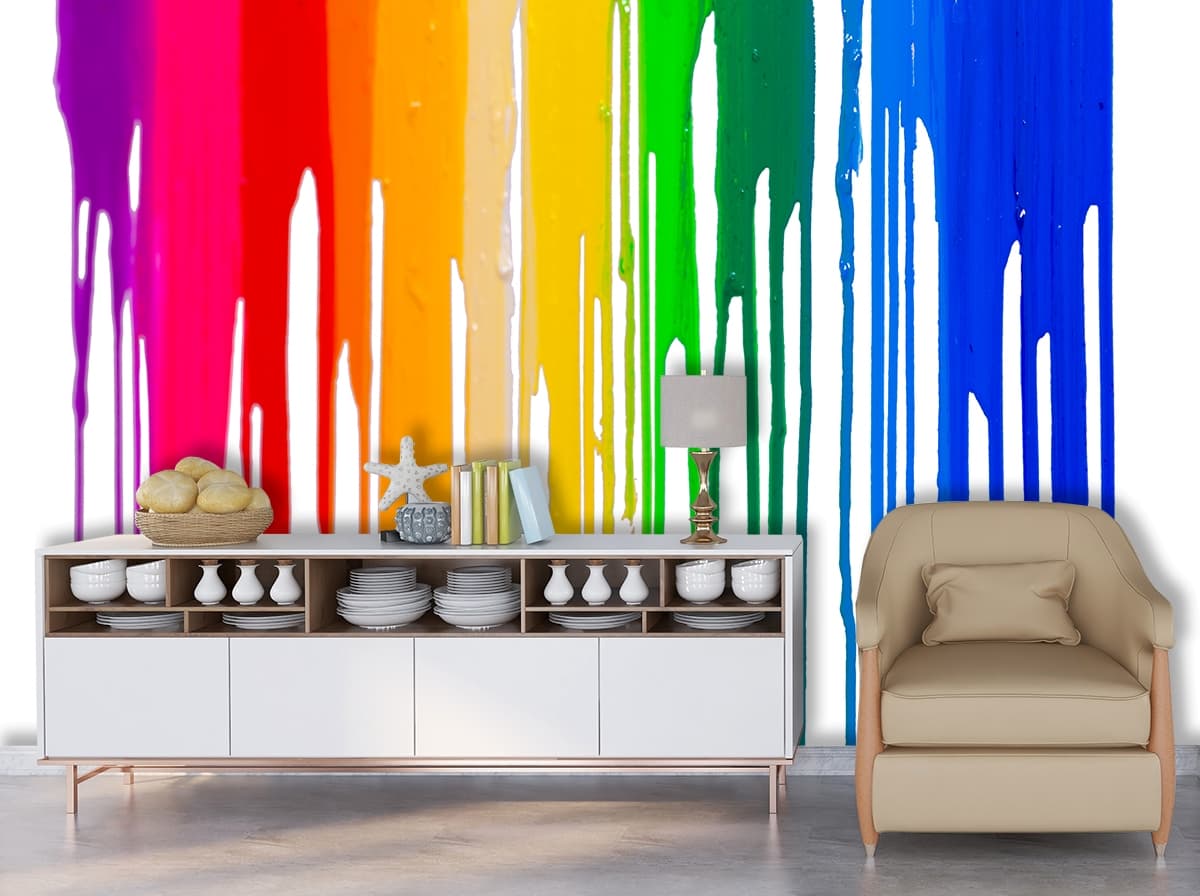 Abstract Rainbow Paint Drip Design Wall Wallpaper shown in a room