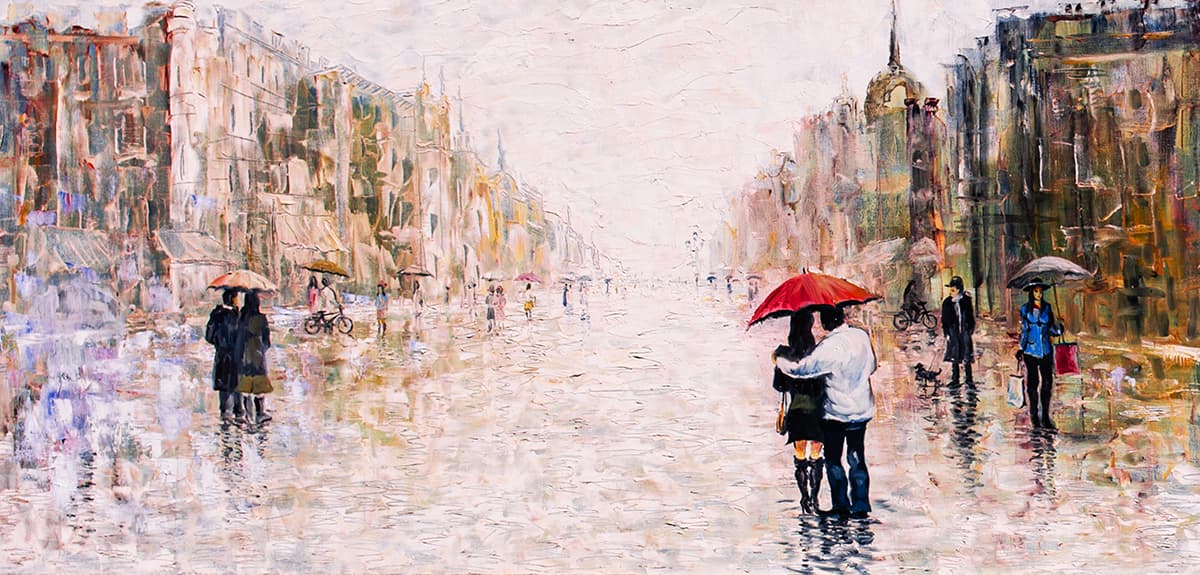 Artistic Rainy Street with Couple Scene Wallpaper pattern detail
