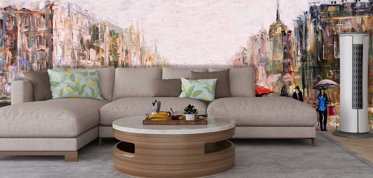 Artistic Rainy Street with Couple Scene Wallpaper shown in a room