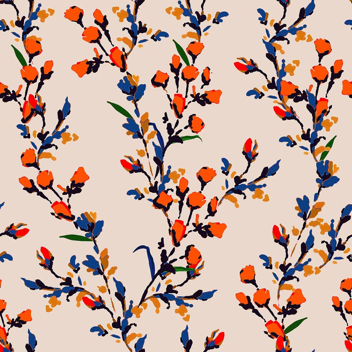 Vibrant Orange Flowers & Blue Leaves Design Wallpaper pattern detail