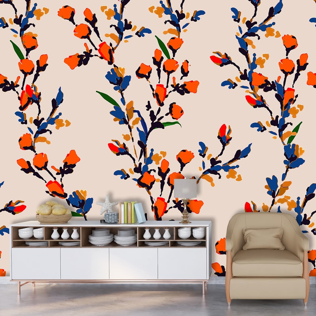 Vibrant Orange Flowers & Blue Leaves Design Wallpaper shown in a room