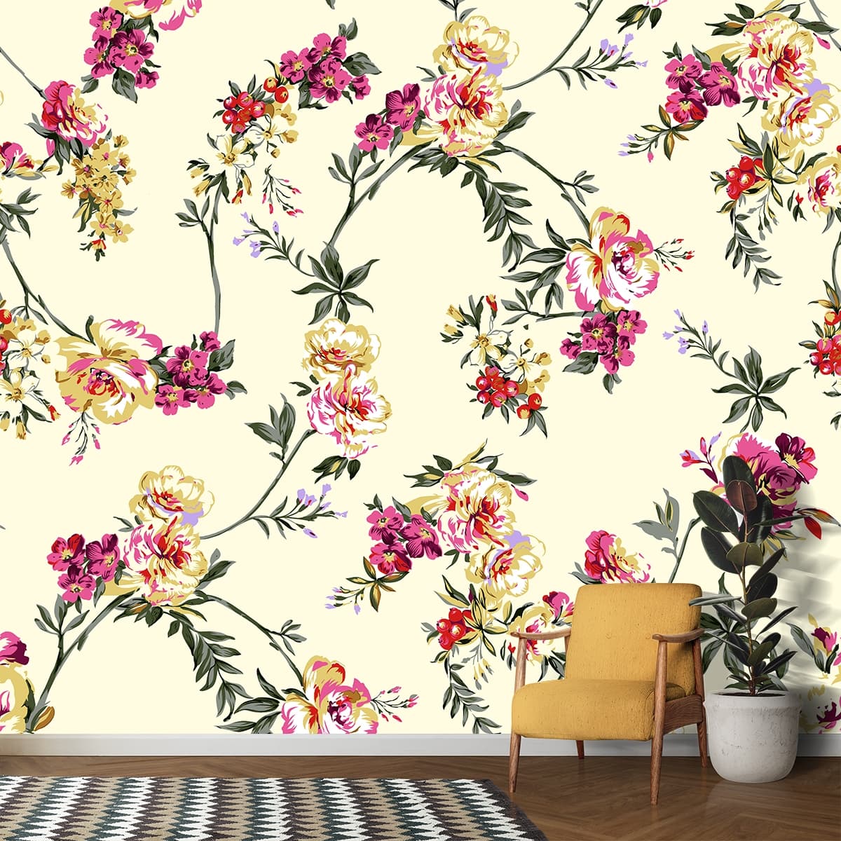 A pattern of flowers on a white background shown in a room