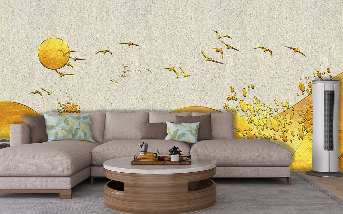 Luxury Golden Beach Painting Aesthetic Landscape Wallpaper shown in a room