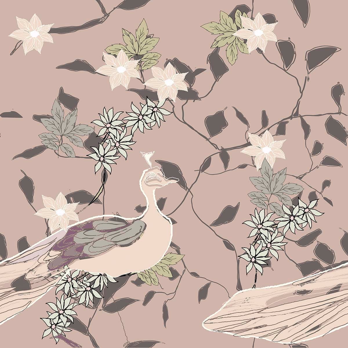 Botanical bird design with flowers and leafy details wallpaper pattern detail