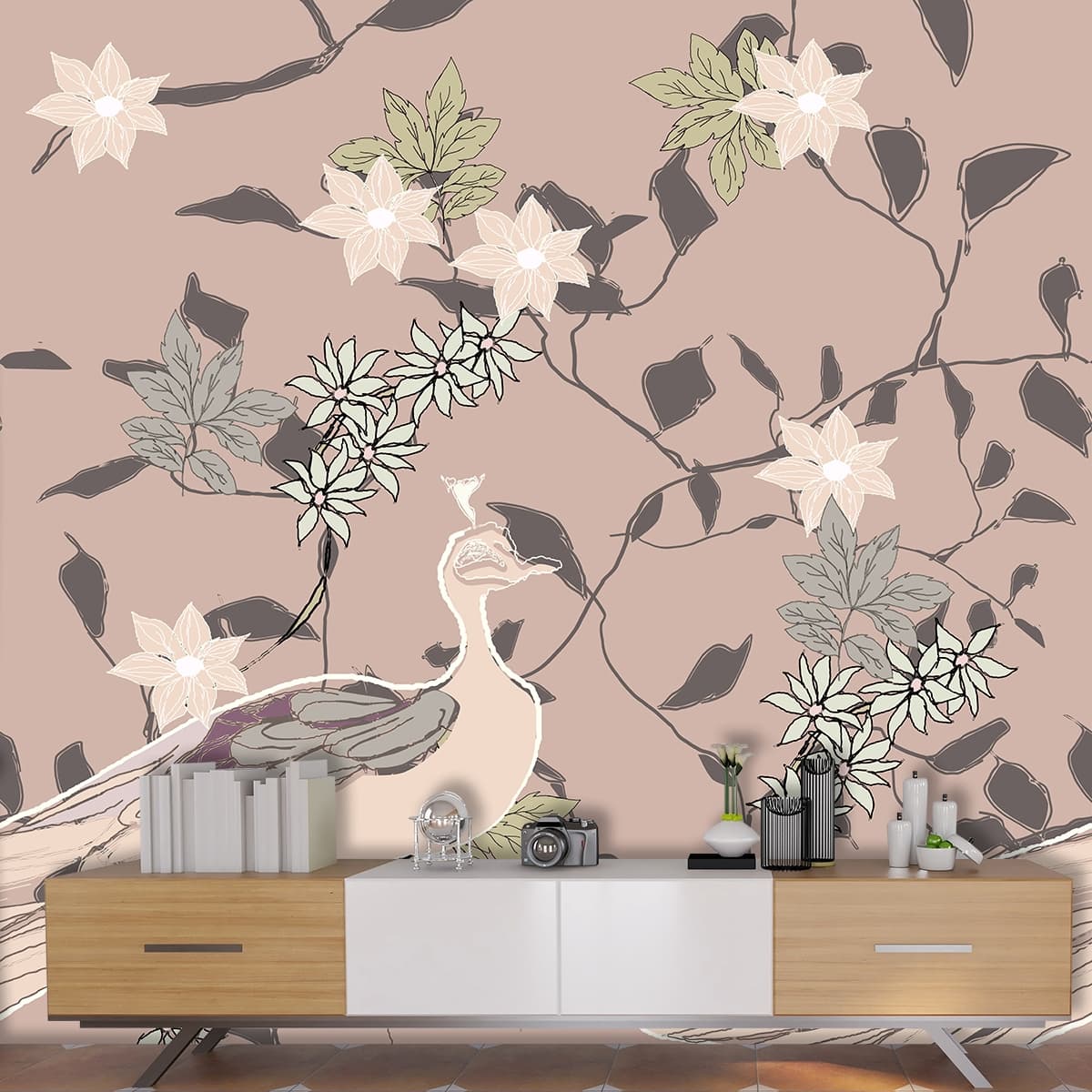 Botanical bird design with flowers and leafy details wallpaper shown in a room