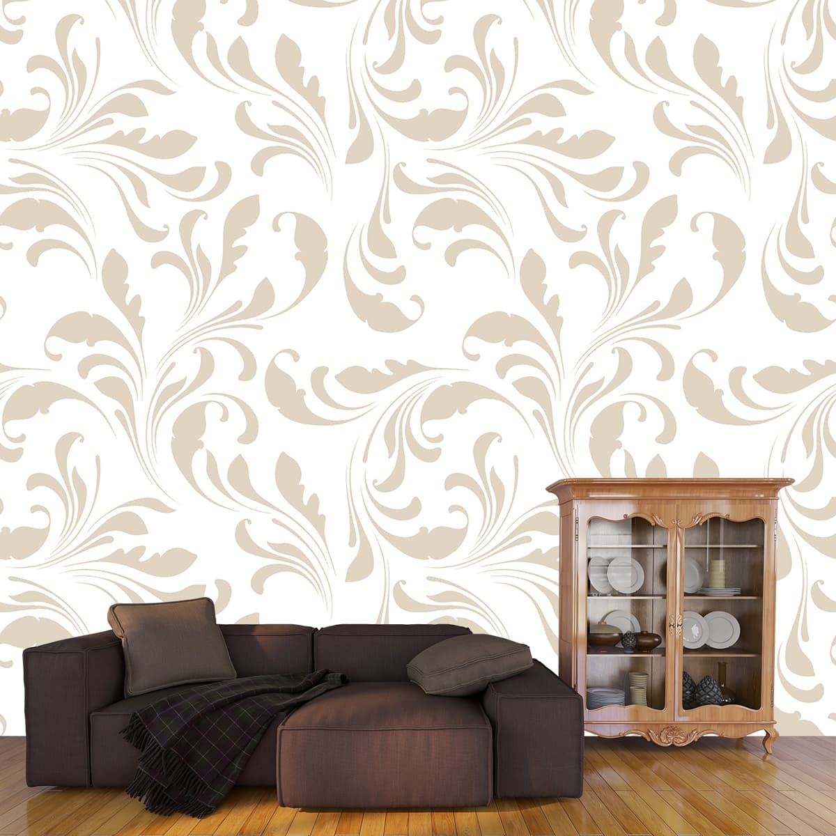 White and Tan Swirls Wallpaper for Drawing Room shown in a room