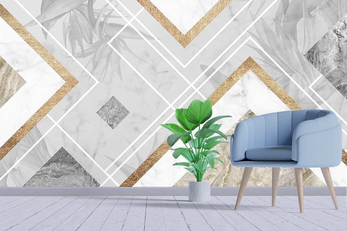 Luxury White and Gold Patterned Wallpaper shown in a room