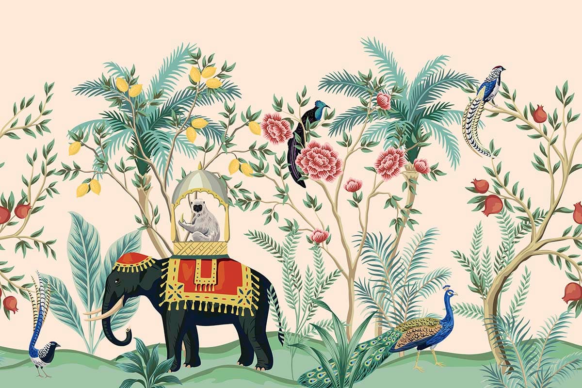 Elephant and Peacock Wallpaper, Tropical Wall Mural pattern detail