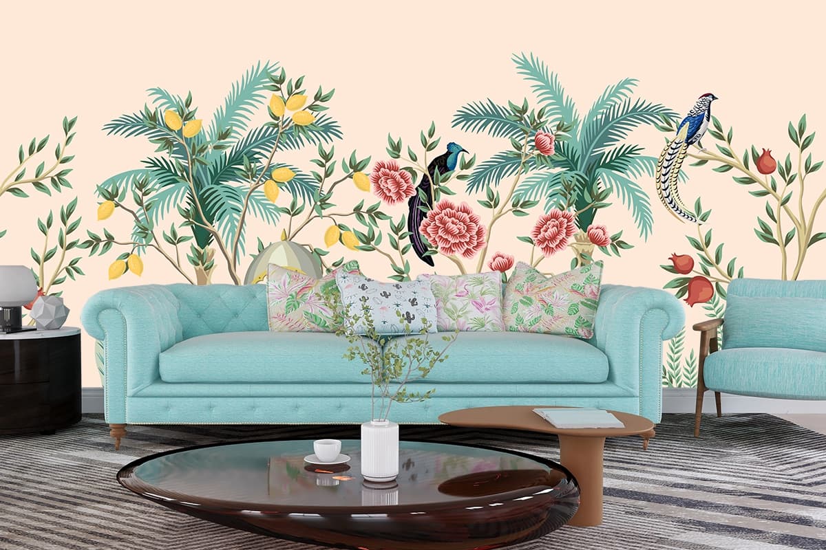 Elephant and Peacock Wallpaper, Tropical Wall Mural shown in a room