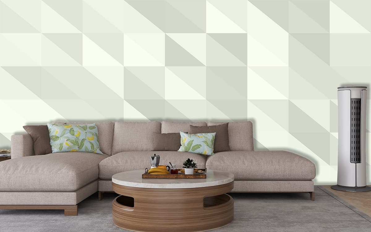Abstract Grey Triangle Pattern on White Wallpaper shown in a room