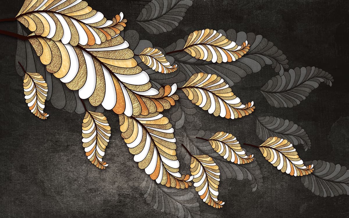 Gold and White Stylized Leaf Motif Wallpaper pattern detail