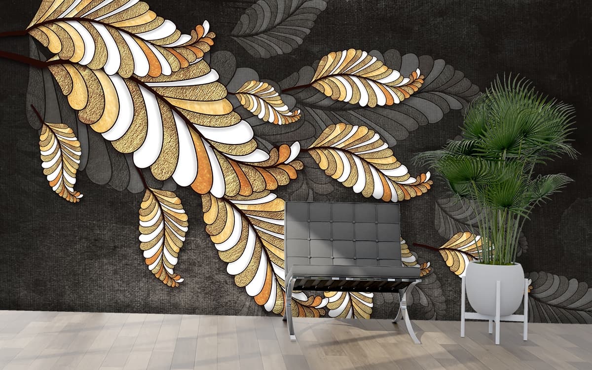 Gold and White Stylized Leaf Motif Wallpaper shown in a room