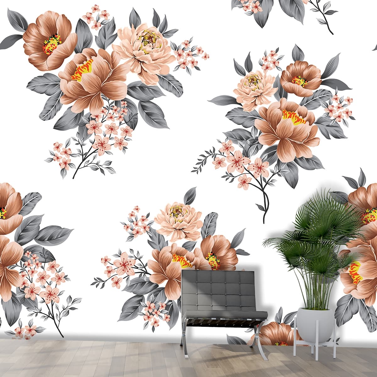 A Royal Floral Motifs Wallpaper shown in a room