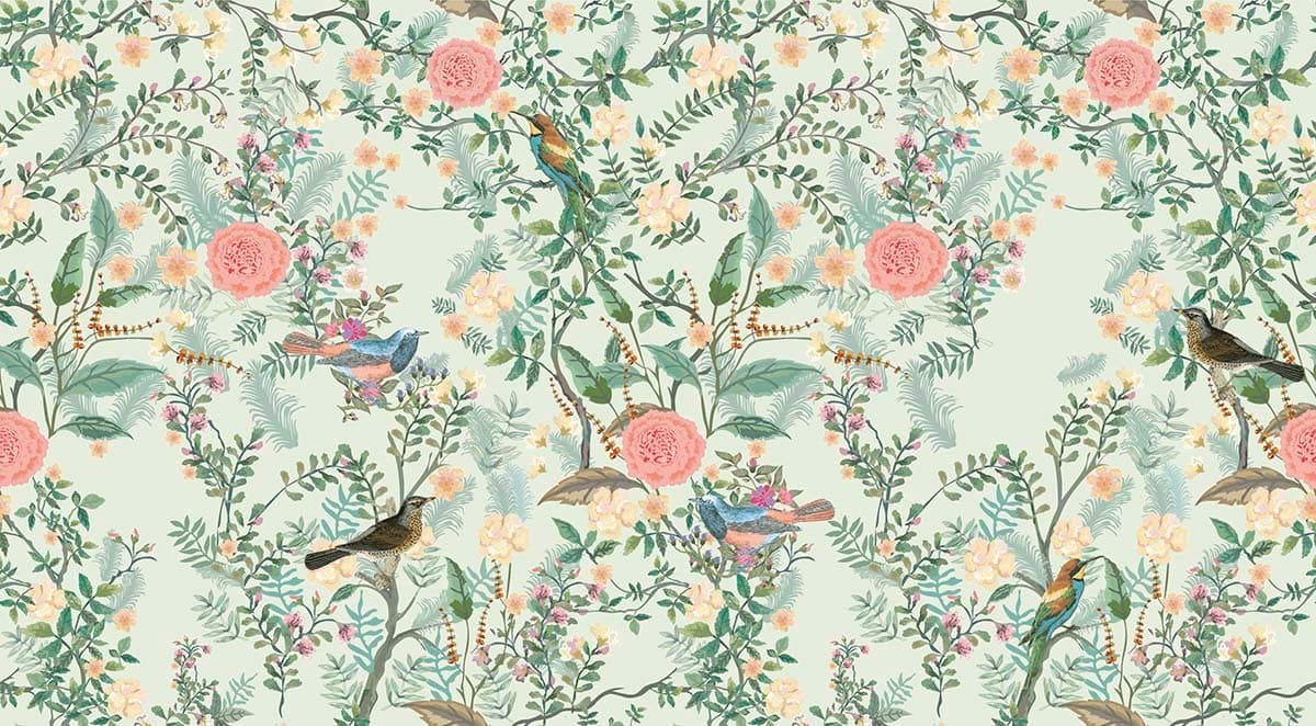Decorative Birds and Blooming Flowers Wallpaper pattern detail