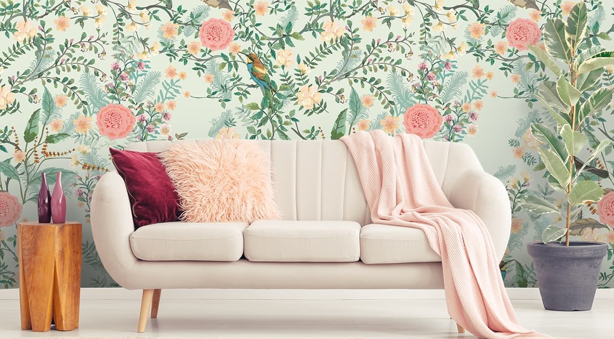 Decorative Birds and Blooming Flowers Wallpaper shown in a room