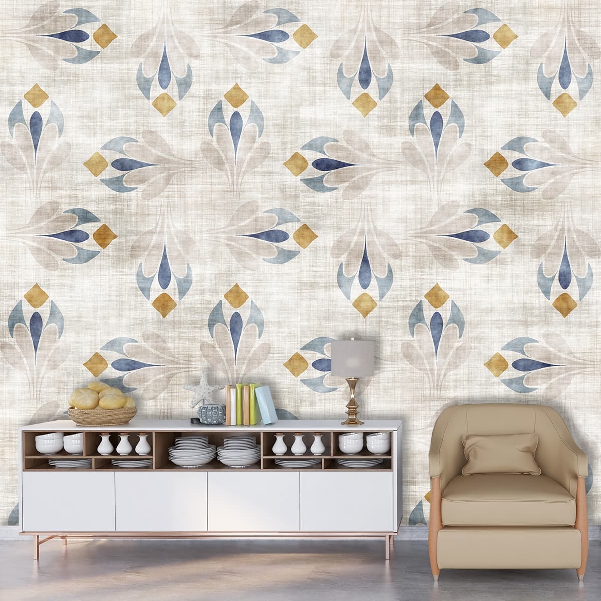 A pattern of blue and yellow flowers on a white background shown in a room