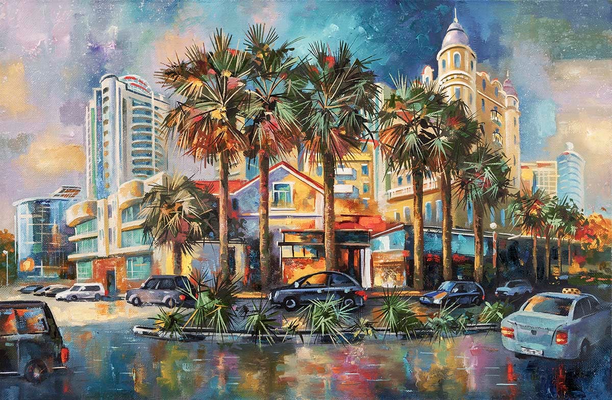 Painting of a City Artistry Vista Living Room Wall Artistry Wallpaper pattern detail