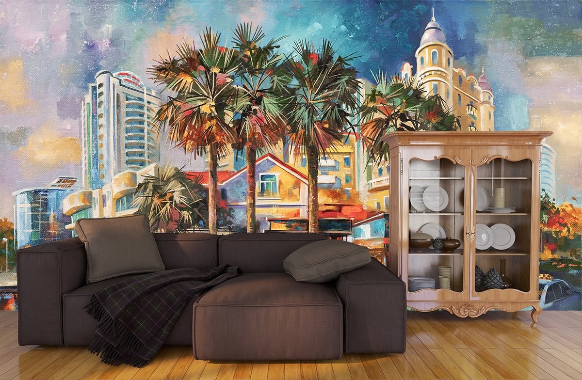 Painting of a City Artistry Vista Living Room Wall Artistry Wallpaper shown in a room