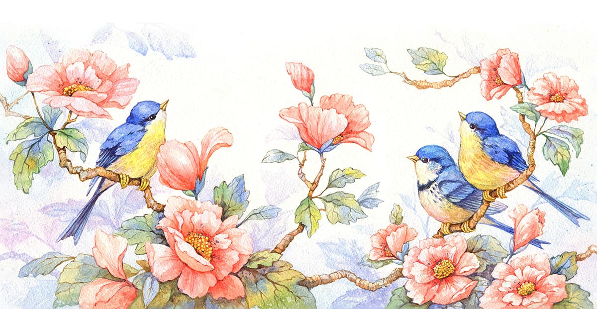Watercolor Birds on Blooming Flowers Wall Mural Wallpaper pattern detail