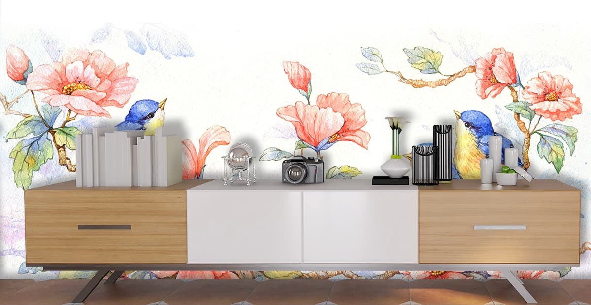 Watercolor Birds on Blooming Flowers Wall Mural Wallpaper shown in a room