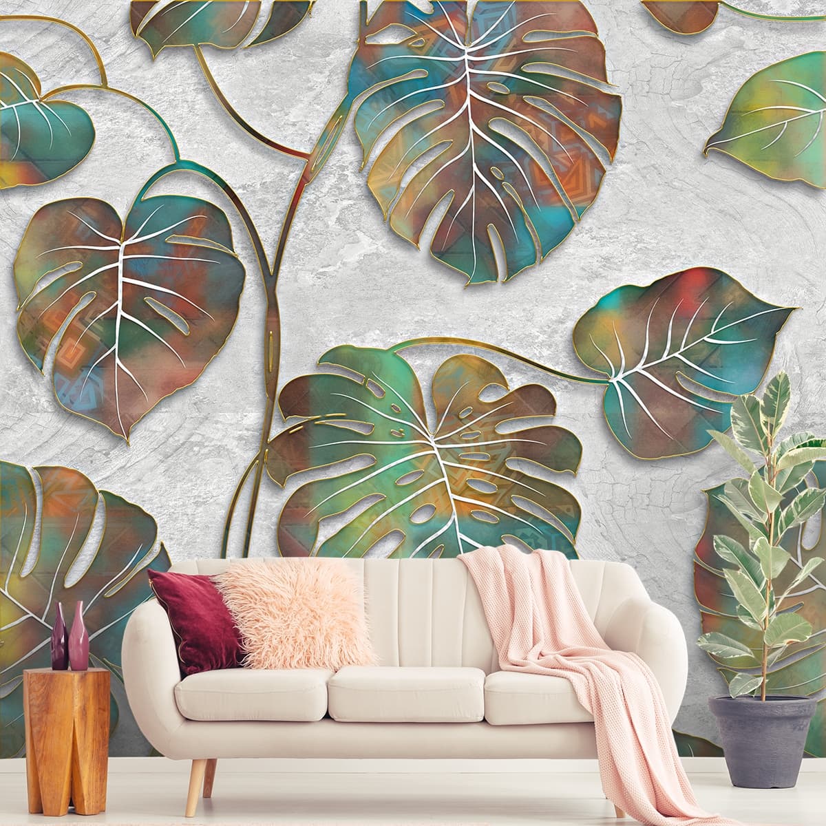 A colorful leaves on a wall shown in a room