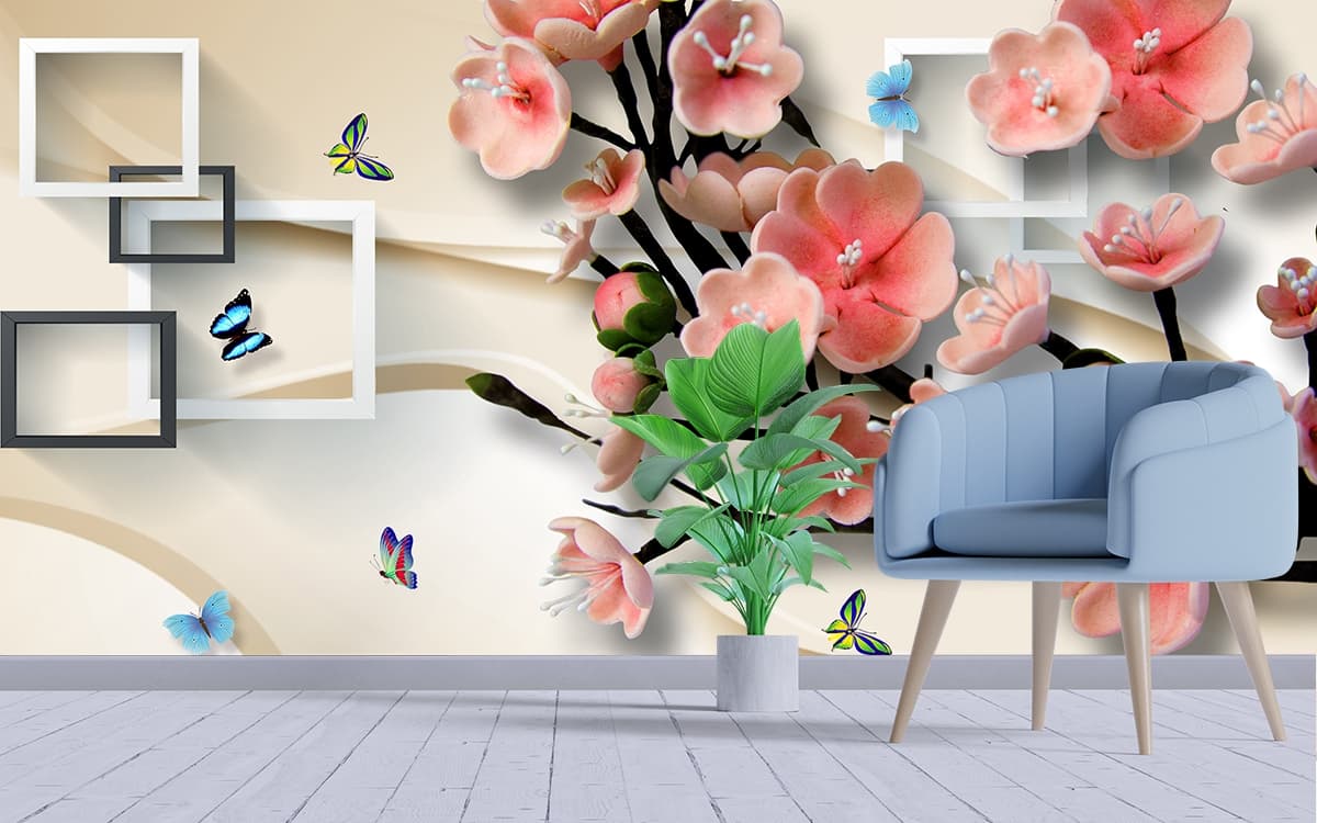 Elegant Pink Flowers with Butterflies on Branch Wallpaper shown in a room