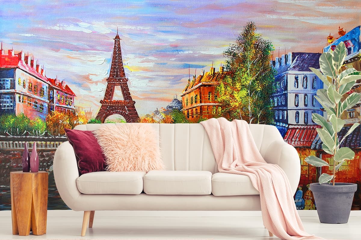 Painting of a City Regal Canvas Living Room Mural Wallpaper shown in a room