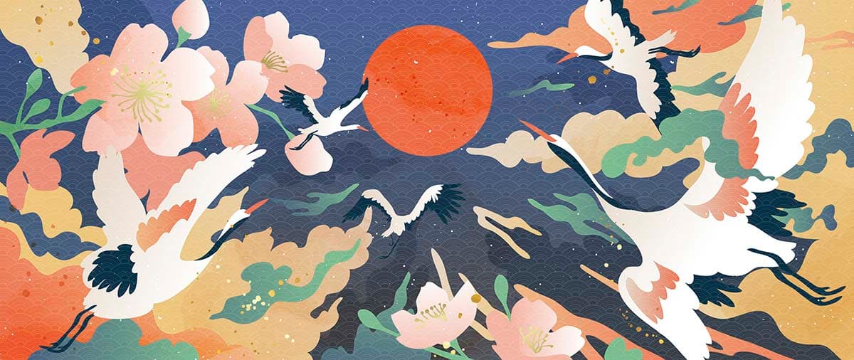 Graceful Birds Flying Over Flowers Scenic Art Wall Wallpaper pattern detail