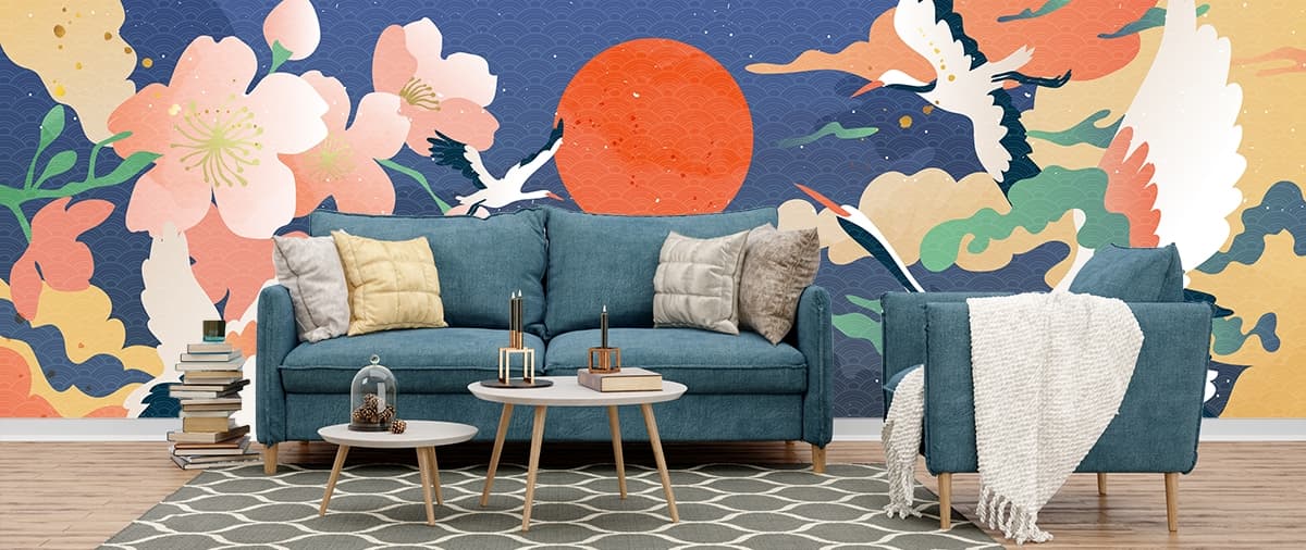 Graceful Birds Flying Over Flowers Scenic Art Wall Wallpaper shown in a room