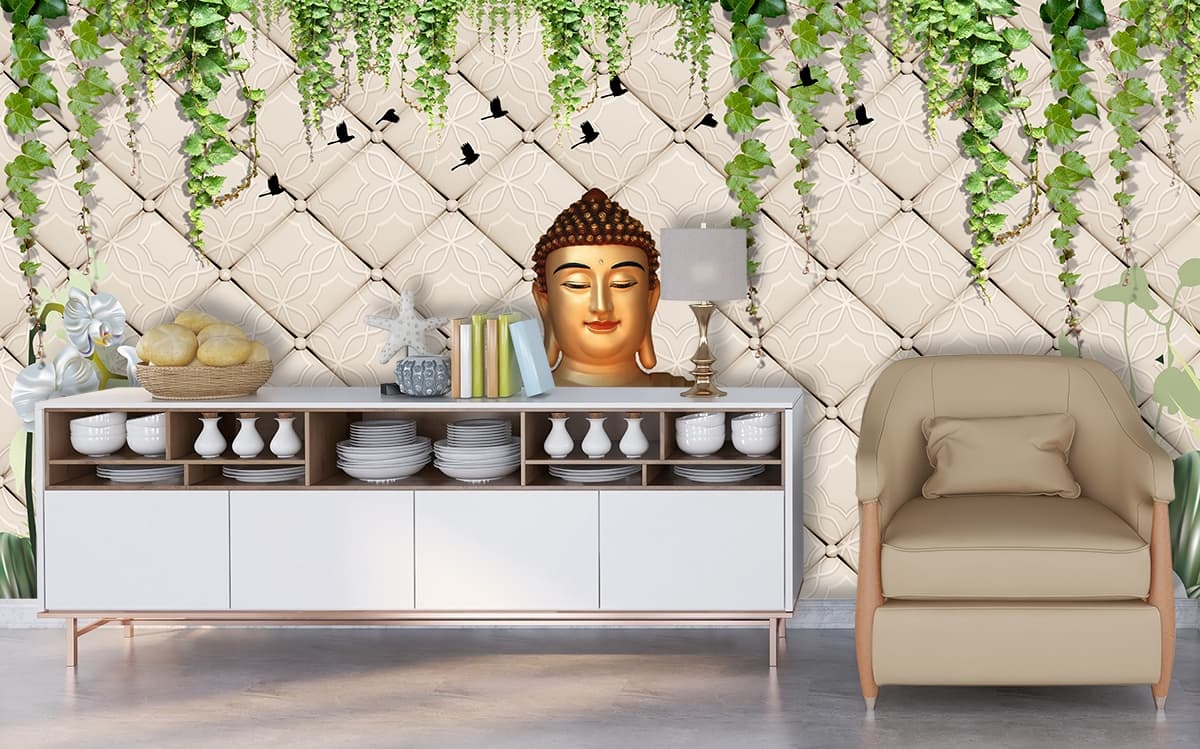 3D Buddha Wallpaper With Nature Background shown in a room