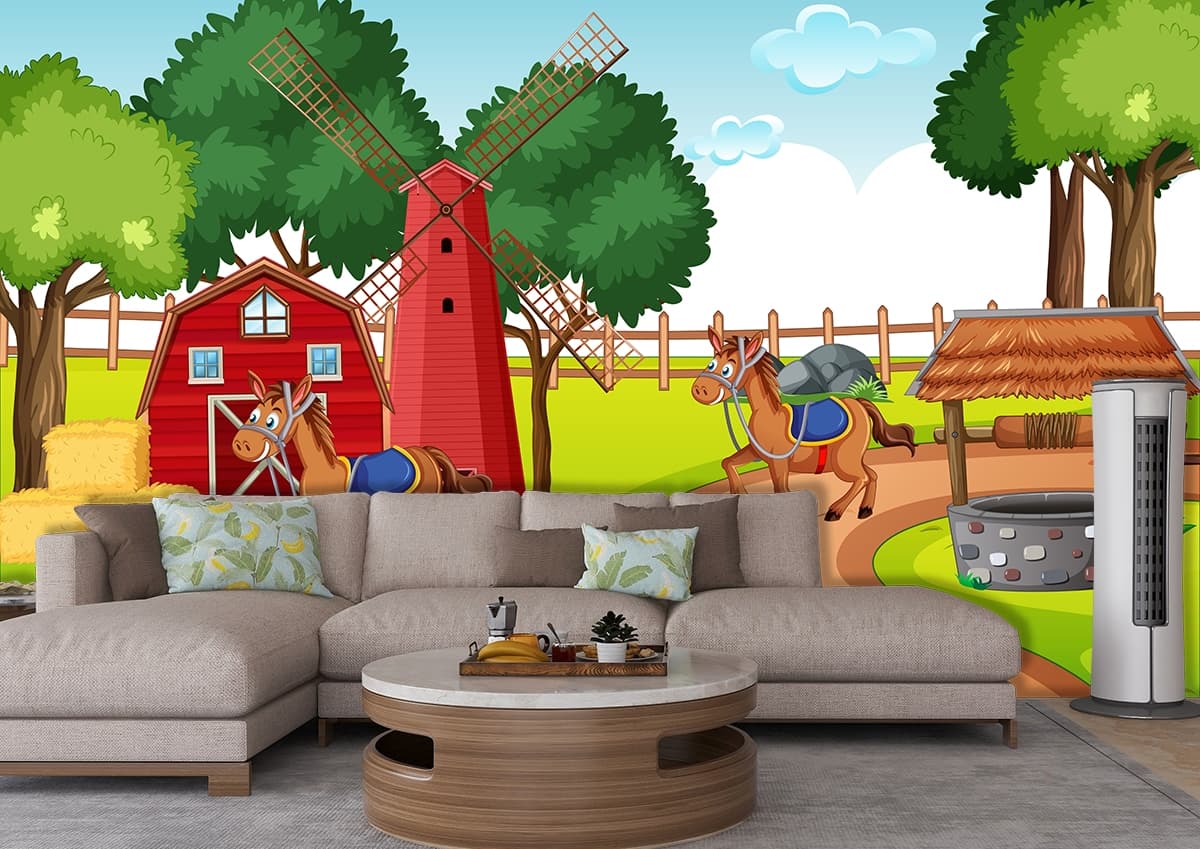 Happy Farm Friends Wallpaper shown in a room