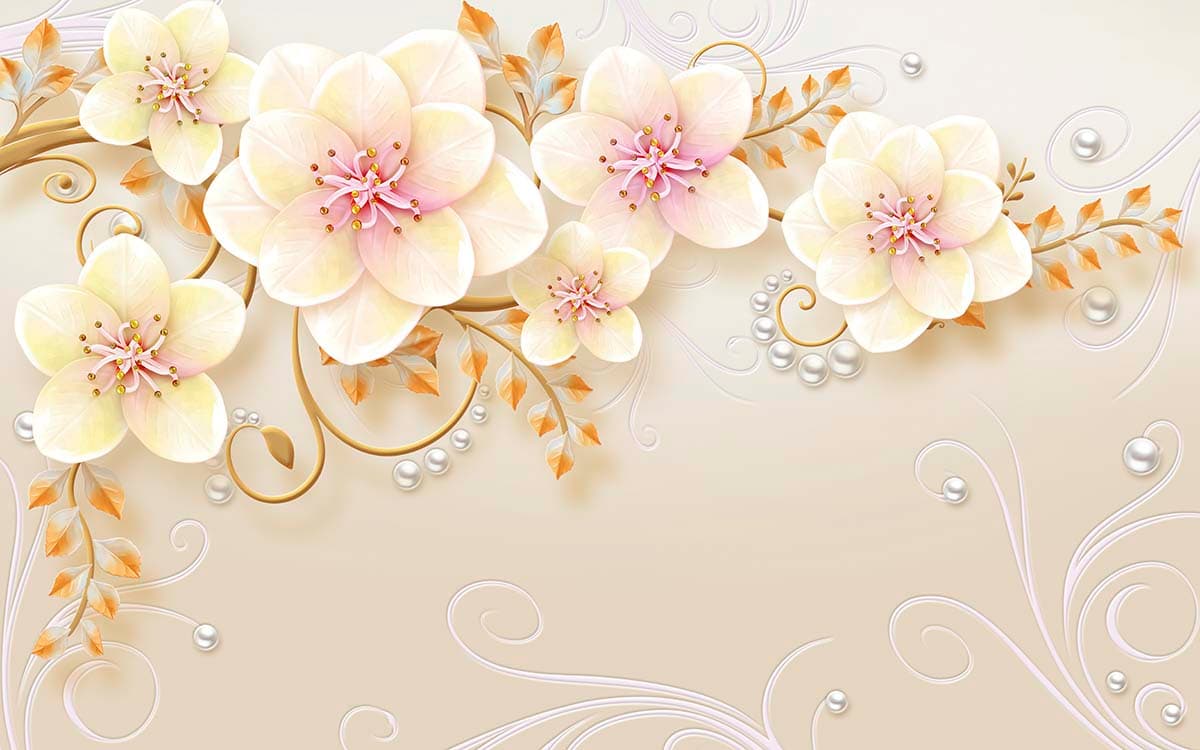A 3D Wallpaper for Wall of Floral Flowers and Pearls pattern detail
