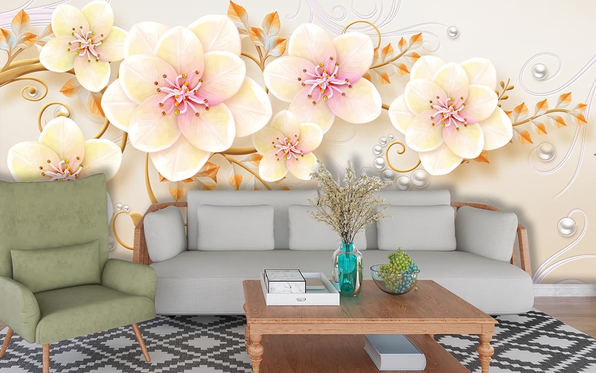 A 3D Wallpaper for Wall of Floral Flowers and Pearls shown in a room