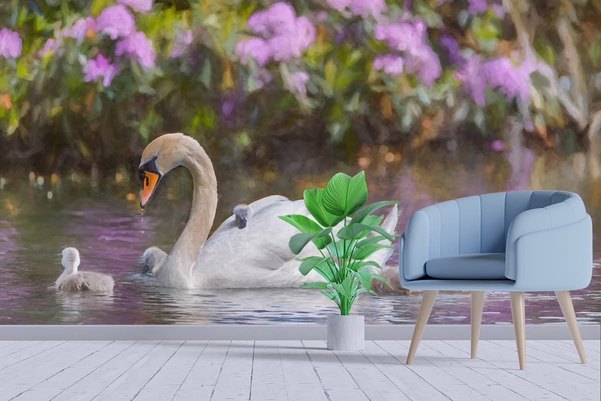 A swan with babies in water shown in a room
