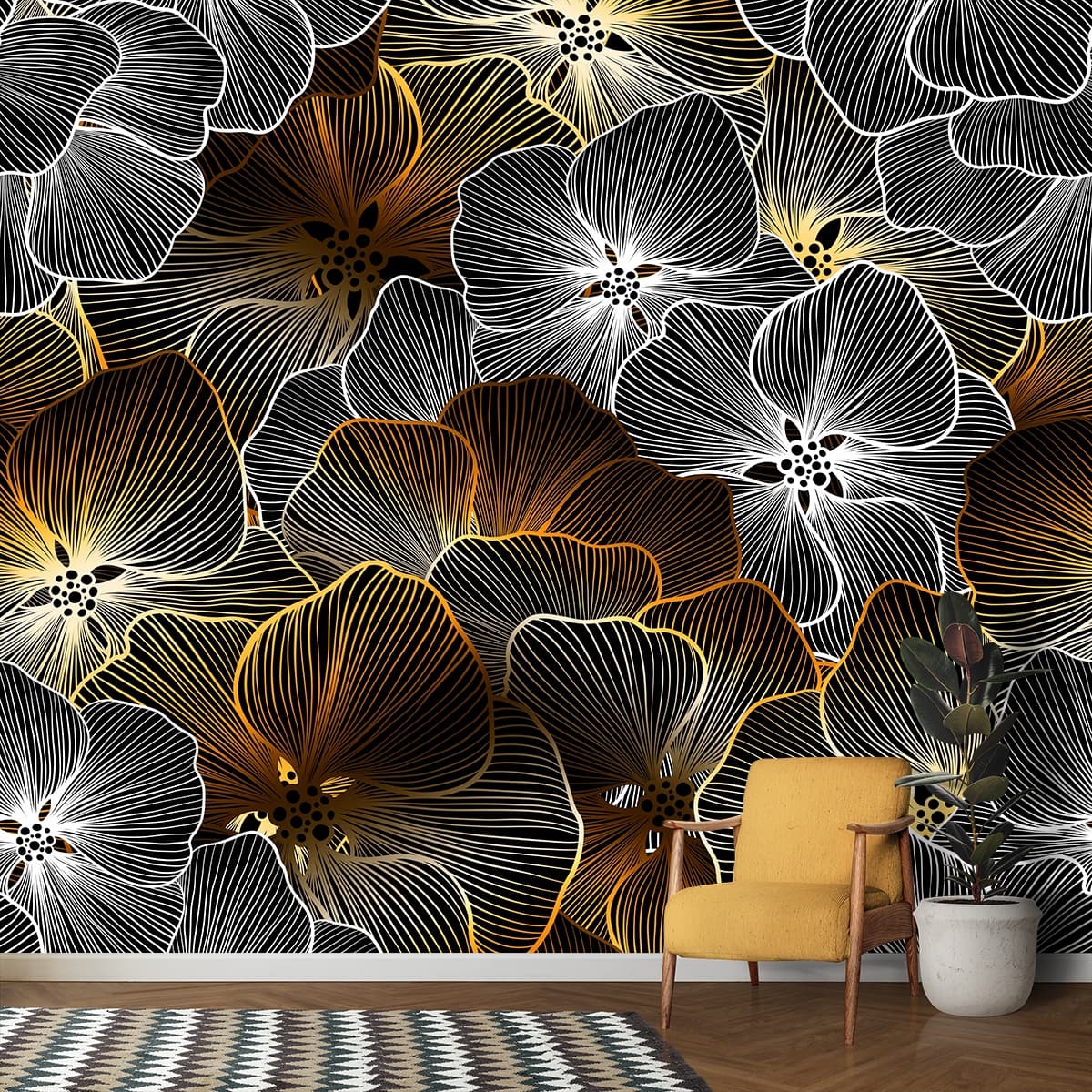 A group of flowers with lines shown in a room