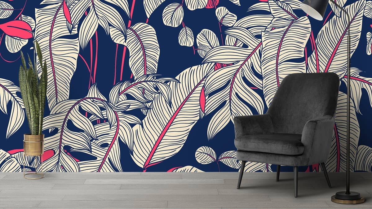 Blue Background Leaf Pattern Stylish Wallpaper shown in a room