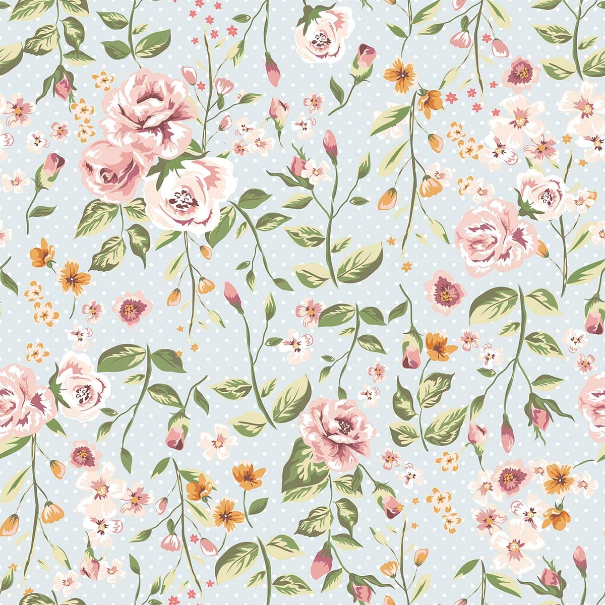 Pink Roses With Green Branches Wallpaper Mural pattern detail