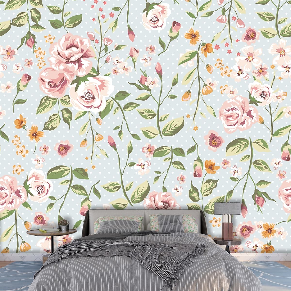 Pink Roses With Green Branches Wallpaper Mural shown in a room