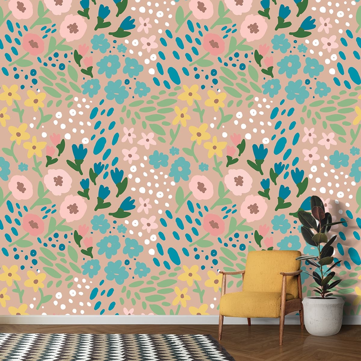 A Wildflower Whimsy Waltz Painting Wallpaper shown in a room