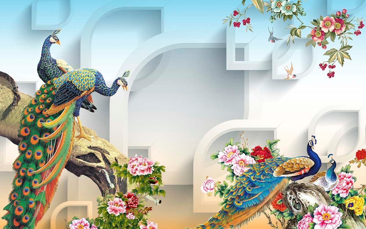 Mural Wallpaper of Peacocks and Flowers pattern detail