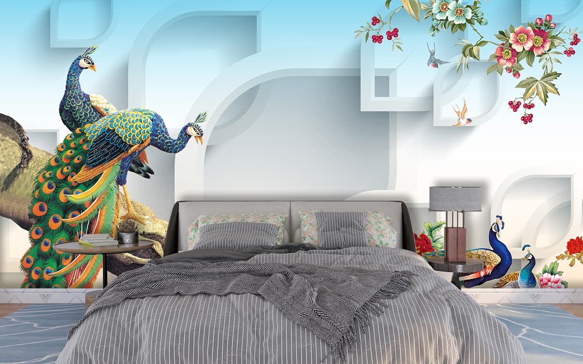 Mural Wallpaper of Peacocks and Flowers shown in a room