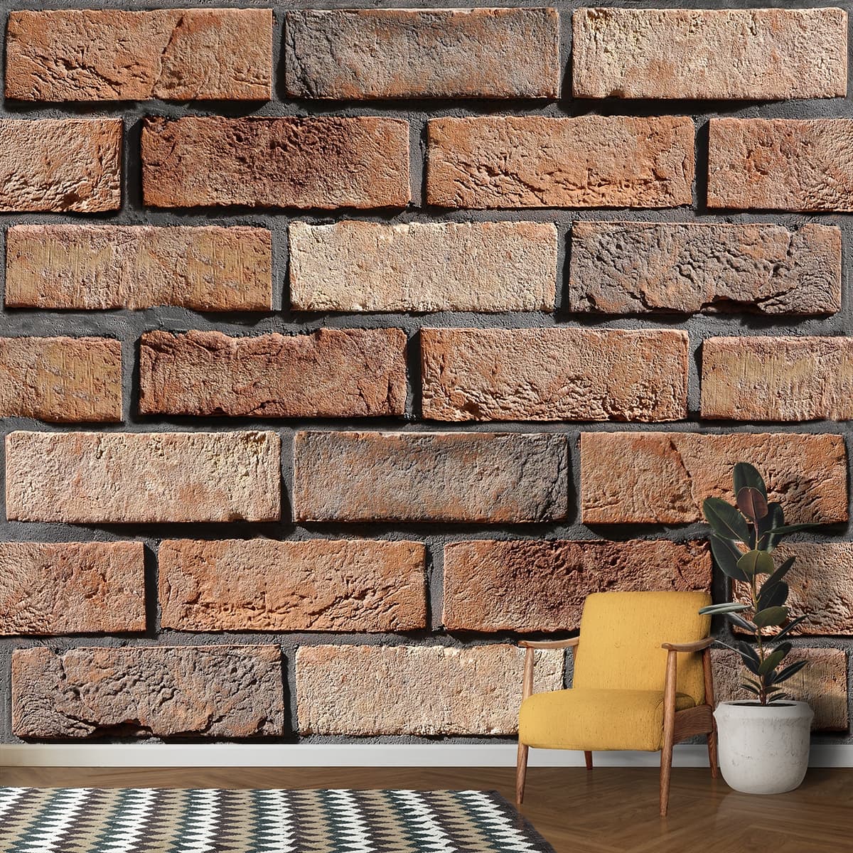 Realistic Brick Wall Texture Wallpaper shown in a room