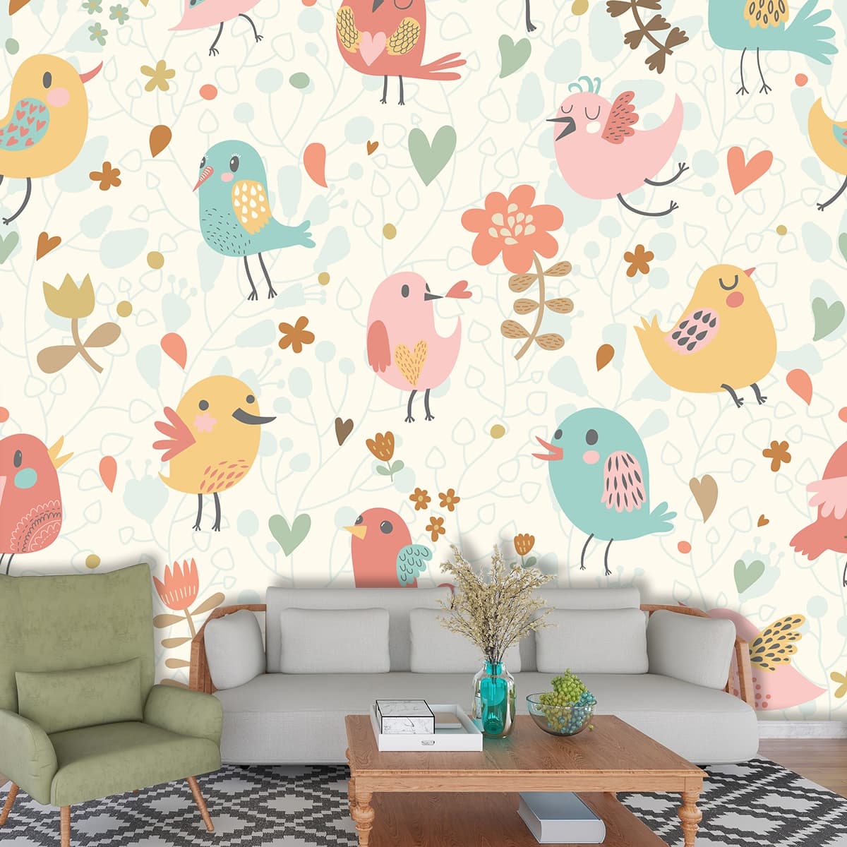 Sweet Pastel Bird Nursery Wallpaper shown in a room