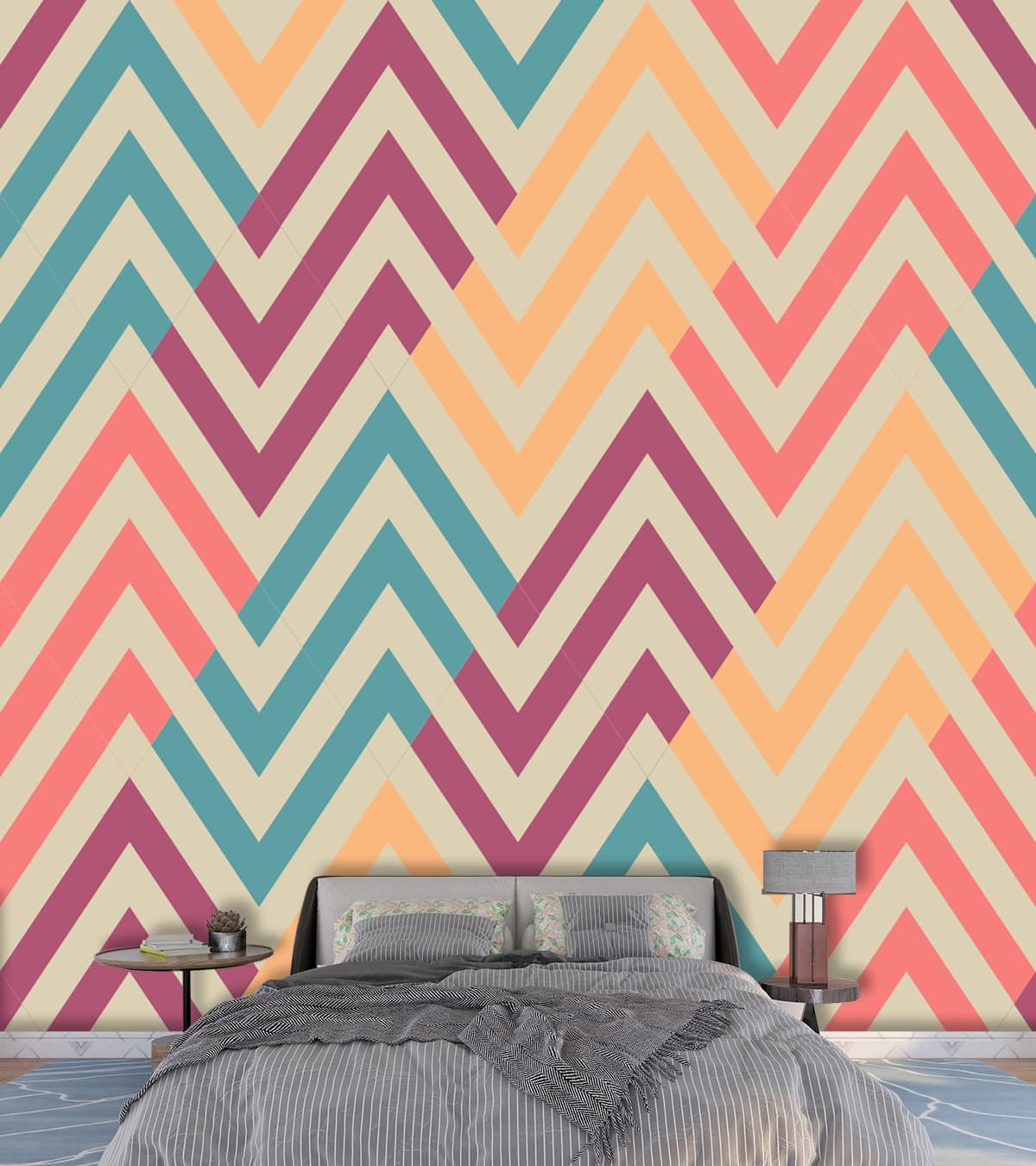 Colorful Chevron Pattern Modern Geometric Wallpaper shown in a room