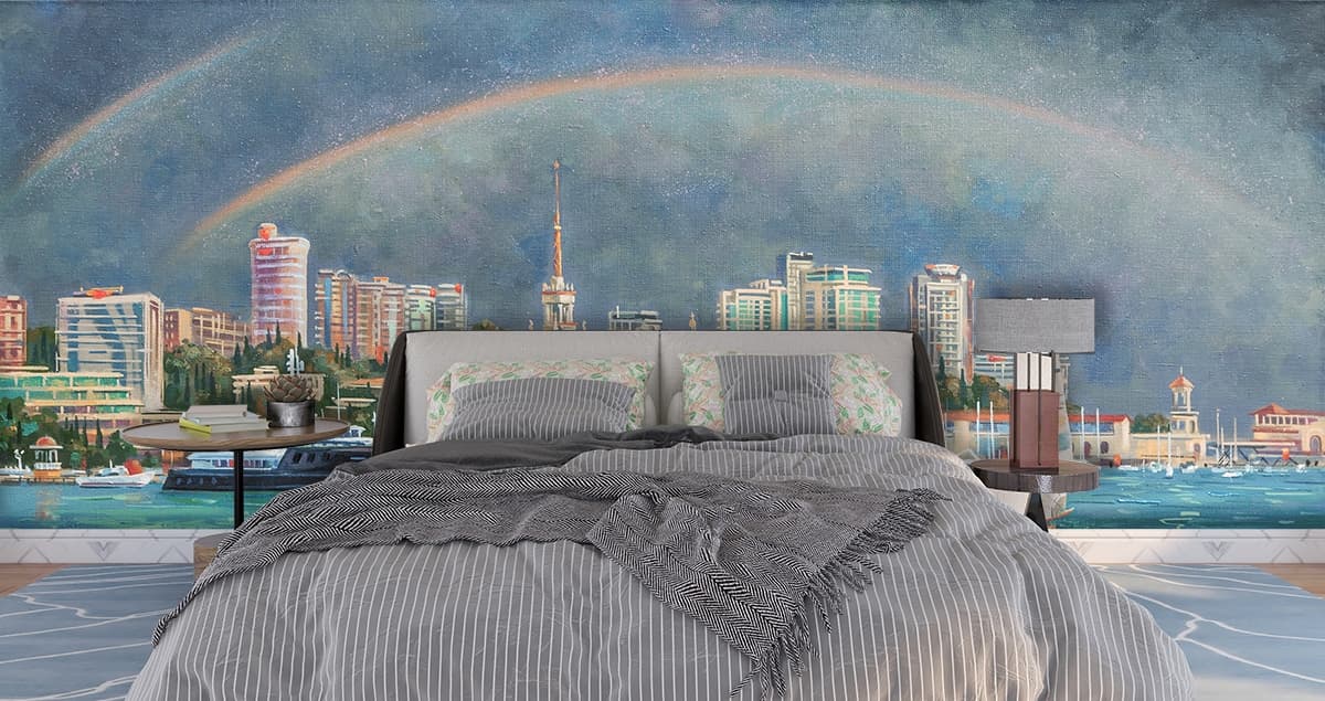 Artistic Cityscape with Rainbow Sky Wallpaper shown in a room