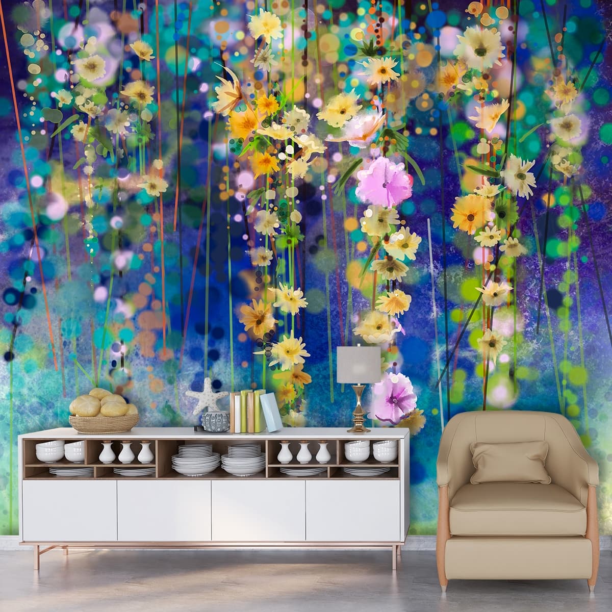 Abstract Hanging Flowers Modern Wall Mural Wallpaper shown in a room