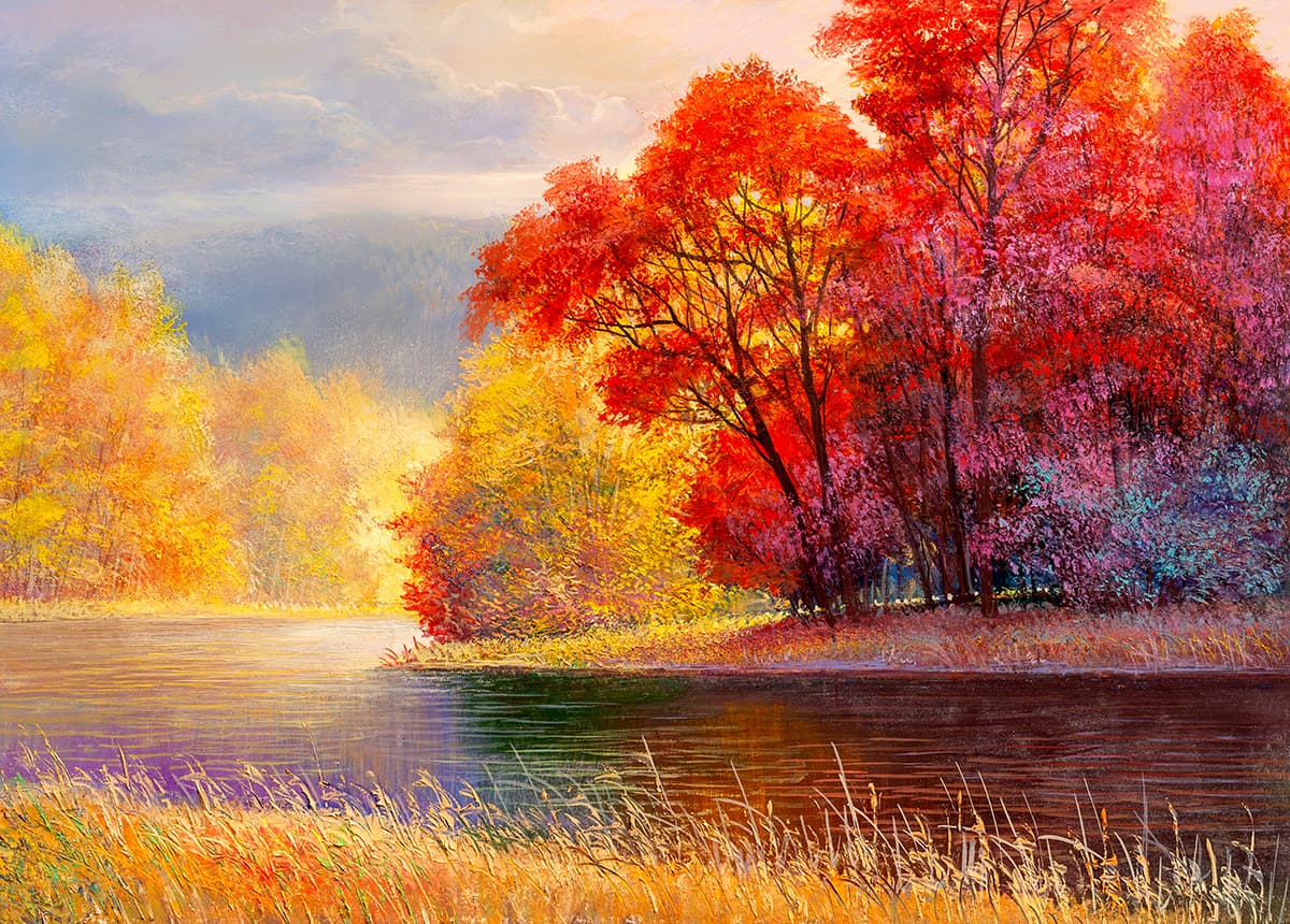 A lake with colorful trees and grass pattern detail